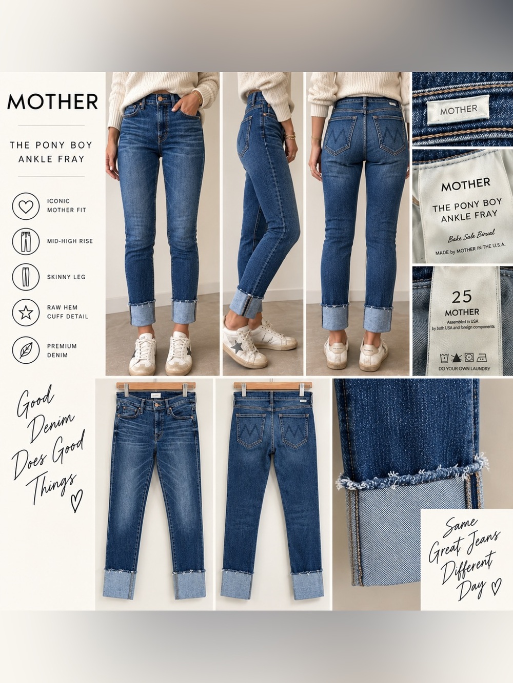 MOTHER The Pony Boy Ankle Fray Skinny Cuffed Jeans Size 25